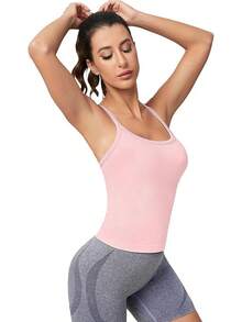Workout Tops Women With Built In Bra, Sleeveless Gym Tops Seamless Racerback Athletic Yoga Shirts, Activewear - 淡粉紅色 - 查看 9