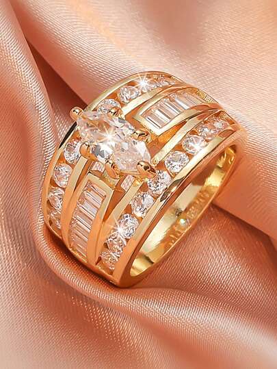 قطعة واحدة خاتم خطوبة أنيق على الطراز الأوروبي مزين ب- 3 صفوف من الزركونيا البيضاء ، خاتم لامع مناسب هدية لعيد الميلاد والذكرى السنوية