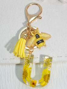 1 件首字母钥匙扣，带粉色可爱雏菊干花，女孩/女士包包吊坠装饰，带流苏配饰背包，适合学校汽车配饰哥特 Y2k - 黃色 - 查看 30