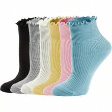 Mcool Mary - Calcetines casuales para mujer, con volantes, transpirables, de punto fresco, de algodón, con volantes, paquete de 6 - 6 colores (azul+rosa+amarillo+negro+blanco+gris) - Ver 13