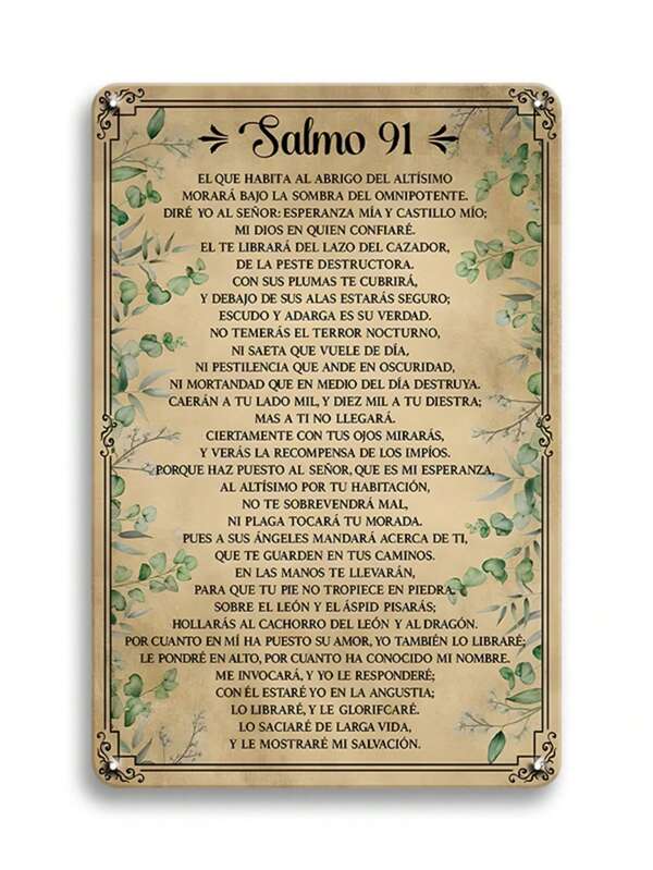 1 pieza Cartel de metal vintage español, Salmo 91, decoración de pared para el hogar, sala de estar de estilo campestre, cueva de hombre, garaje, bar, cafetería, pared colgante de hojalata, decoración para el hogar, 8x12 pulgadas