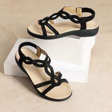 Women Flat Sandals Comfort Dressy Rhinestone Summer Sandals With Elastica Back Strap - 黑色 - 查看 3