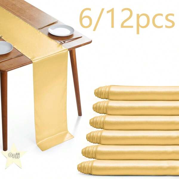 6/12pcs Gold Satin Tablecloths 12*108 Inches Silk Shiny Smooth Party Table Flags Decor, Suitable For Birthday, Holiday, Party, Wedding, Engagement, Home, Hotel Dining Table Center Decor