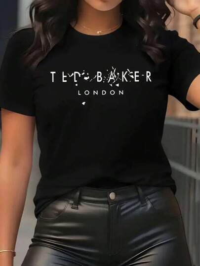 Women's Fashion Letter Graphic Print Round Neck Short Sleeve Casual T-Shirt