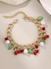 1 件女孩樱桃、草莓和叶子串珠珍珠手链