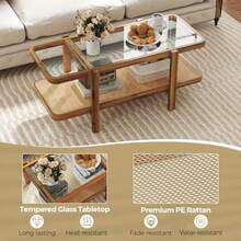 Giantex Rattan Coffee Table 47.5" Rectangle Solid Wood With Tempered Glass Top And PE Rattan Storage Shelf Boho Farmhouse Design