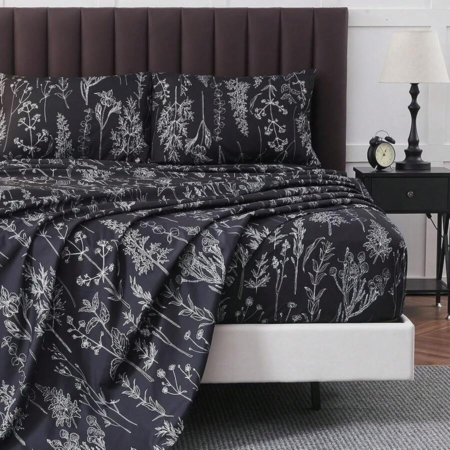 Black Sheets, Deep Pocket, 1800 Thread Count, Soft Breathable, Cute Printed Boho Farmhouse Bed Sheets, Up To 18 Inch - Black - View 1