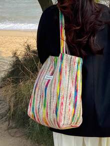 新款秋冬女士羊毛单肩包，时尚彩虹条纹休闲大容量手提包，适合大学生、高中生、办公室通勤、购物、旅行、健身、百搭穿搭 - 杏色 - 查看 3