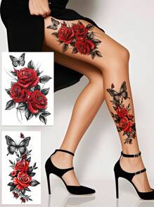 (Pack Of 5 PCS)Red Rose And Butterfly Temporary Tattoo Stickers, Sexy Dancer Chest And Thigh Designs, Waterproof And Sweat-Proof, Easy To Use And Remove, Suitable For Women's Legs, Arms, Abdomen And Chest. Perfect Temporary Tattoo Stickers For Women, Essential For Dates And Parties.