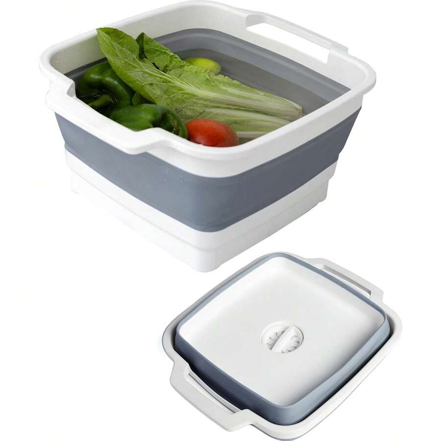 Collapsible Wash Basin With Drain Plug – 2.4 Gallon Portable Sink Tub For Baby Bottles, Dishwashing, RV & Camping | Space Saving Foldable Design | -Free /PP Material (Grey) - 格雷 2 - 查看 1