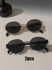 1 件椭圆形金属框时尚眼镜，时尚独立风格眼镜，适合日常通勤、海滩、街头摄影，适合夏季海滩度假、户外、旅行 - 金框灰片 - 查看 6