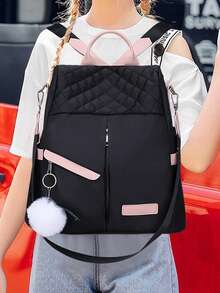 Black And Pink Oxford Cloth Women'S Backpack With Multiple Compartments, Perfect For Teen Girls, Women, Men, Students, Travel, Work, School, And Daily Use – Stylish, Lightweight, Anti-Theft, Durable, With Cute Pom-Pom Charm. The Material Appears To Be Durable, Making It Suitable For Daily Use, Such As Commuting Or Traveling. For Carrying Books, Personal Items, Etc. - 黑色 - 查看 3
