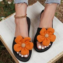 女士时尚平底凉鞋 米色花朵图案套脚拖鞋 时尚凉鞋 女士休闲夏季沙滩鞋 - 橘色 - 查看 2