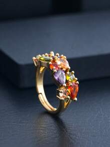 1pc Copper Micro-Inlay Multi-Teardrop Cubic Zirconia Adjustable Open Ring, Minimalist Style Suitable For Daily Wear For Women