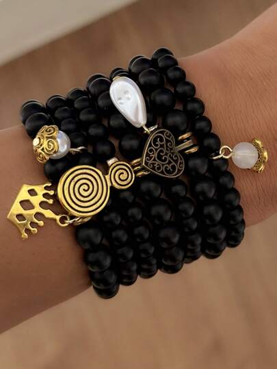 7 Peças Conjunto de Pulseira Elástica Multicamadas com Coroa Preta de Contas, Coração, Pérola Falsa, Pingente Espiral, Adequado para Uso Diário, Festa, Evento