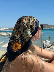 1 件女士时尚奢华花卉和佩斯利印花真丝头巾，轻质围巾披肩，适合夏季休闲和户外，适合日常佩戴时尚发饰波西米亚风发带 - 黑色 - 查看 2