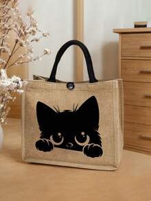 猫咪主题手提包套装：女士手提包套装，包括 1 个黑色卡通猫咪图案手提包和 1 个印有猫、鸟、波浪、花朵图案的小包/零钱包，适合海滩度假，时尚大容量化妆包，旅行化妆包。 - 卡其色 - 查看 3