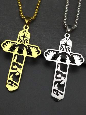 Collier pendentif croix catholique creuse pour hommes et femmes en acier inoxydable de couleur or. Chaîne pour personnes, animaux, prière, baptême