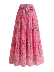 EARO Women's Chiffon Floral Pleated A-Line Skirt, High Waist Loose Flattering Elegant Vacation & Everyday Wear, Spring/Autumn - Pink - View 3