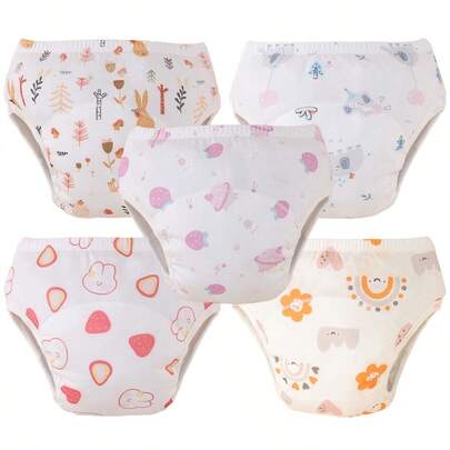 5-delige set peuterbroekjes voor zindelijkheidstraining - wasbaar, lekvrij luierbroekje met leuke ruimte en prachtige prints, ademend materiaal voor jongens en meisjes, bescherming in meerdere lagen, geschikt voor kinderen van 3 maanden tot 5 jaar, ondergoed voor overdag en 's nachts, ontwerp met meerdere lagen, ondergoed voor zindelijkheidstraining - (met anti-lekrand)