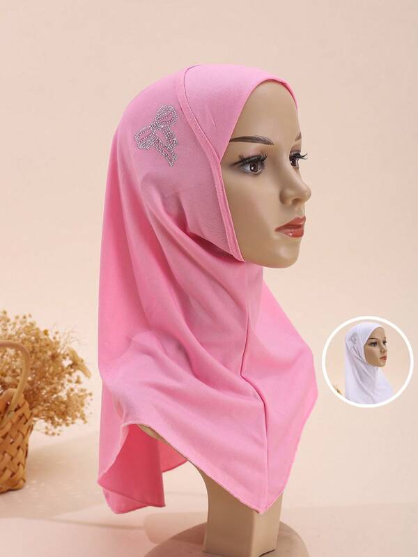 1pc Kids/Girls Butterfly Rhinestone Decorated Hijab, Middle Eastern Ramadan Arab, Cute & Elegant, Breathable & Adjustable, Suitable For All Seasons, Ramadan Gift