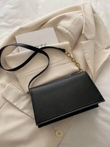 Fashion Solid Color Retro Metal Lock Baguette Bag, Simple Flap Underarm Ladies Shoulder Bag - Black - View 8