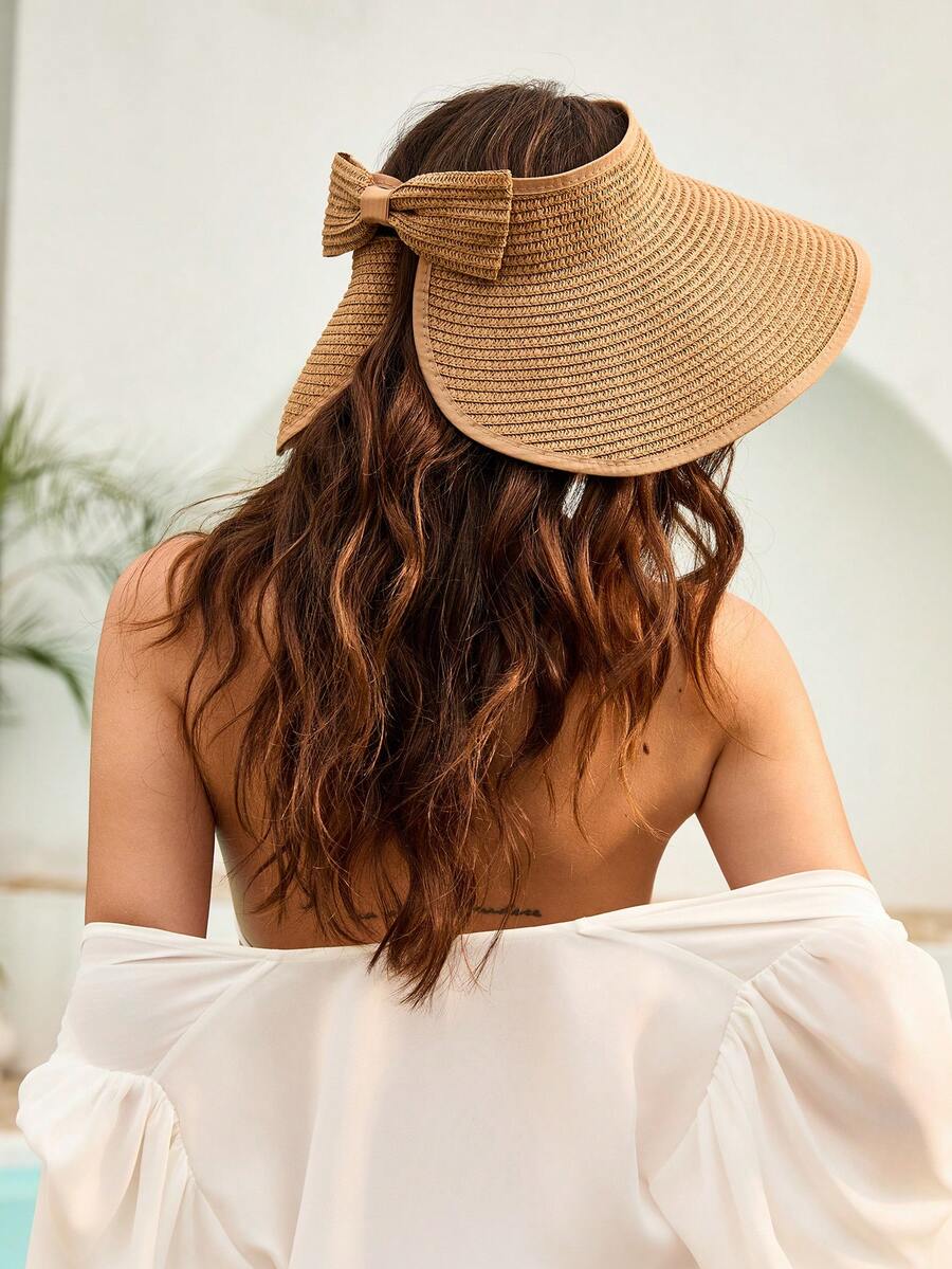 Tropiscape 可折叠宽檐遮阳帽，便携式户外防紫外线夏季草帽，带蝴蝶结，时尚休闲波西米亚风优雅防风防紫外线，涤纶材质，春夏度假休闲海滩秋季圣诞节冬季圣诞礼物 - 草帽 - 查看 1