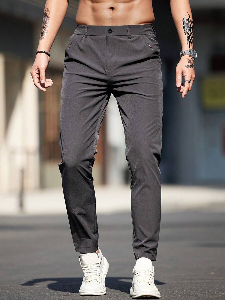 Pantalones informales entallados de unicolor con bolsillo, estilo de commuter para hombre - Gris Oscuro - Ver 1