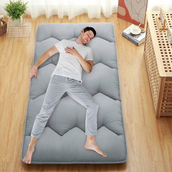 Japanese Style Futon Mattress, Full Size Foldable Japanese Floor Mat Roll-Up, Tatami Mat, Camping Mattress, Light Gray