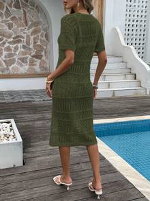 Plus Size Summer Openwork New Fashion! Handmade Crochet V-Neck Knit Dress With French Vacation Vibe * Openwork Art, Unlocking The Design Ceiling Of Beach Attire - Capturing The Slouchy Relaxation Of European And American Beaches Openwork Design Reshapes The Versatile Charm Of Summer Vacation Outfits - Olive Green - View 2
