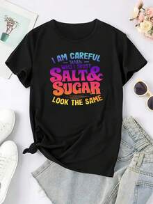 Colorful Letter Graphic Fashion Crew Neck Sports Short Sleeve T-Shirt Top Women's Sportswear - 黑色 - 查看 3