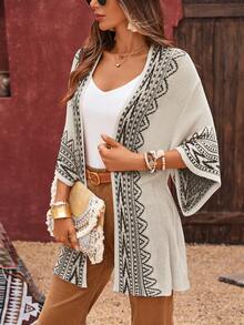 Plus Size Patchwork Color Block Bell Sleeve Cardigan - Black - View 6
