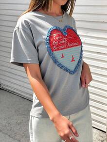 Tops casuales de primavera y verano para mujer con combinación de colores en forma de corazón - Gris - Ver 4