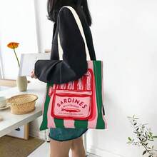 Fashionable Sardine Print Canvas Bag, Sardine Themed, Unisex Large Capacity Shoulder Bag, Shopping Bag, Lightweight Travel Luggage Bag, Reusable Student Commuter Canvas Bag, Suitable As Birthday Gift For Family And Friends - Multicolor - View 7