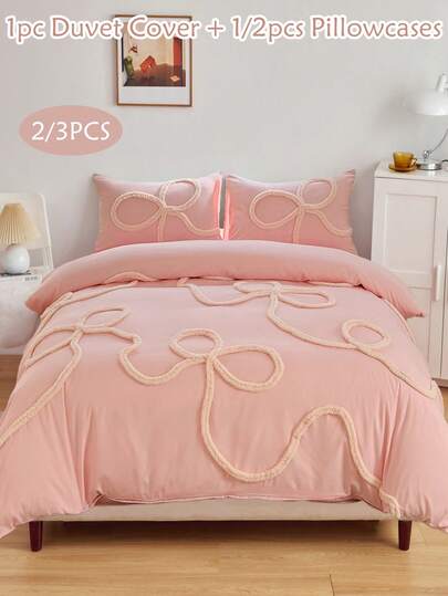 2/3pcs Pink Bow Pattern Tufted Polyester Duvet Cover Set, Chic Modern Luxury Bedding Set For All Seasons, Soft& Breathable (1 Duvet Cover+ 1/2 Pillow Shams, No Filler), Kids Teens Girls Bedding Set, Kids Gift