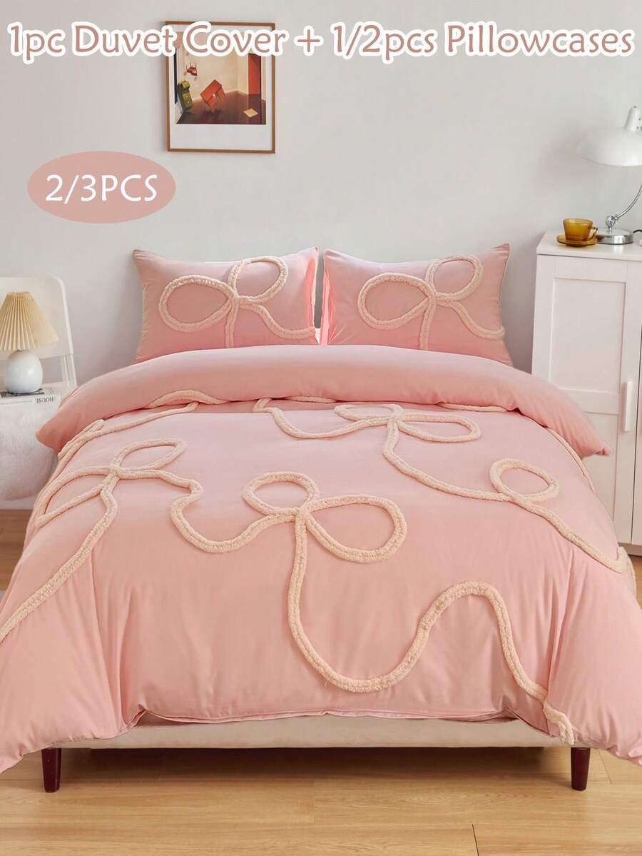 2/3pcs Pink Bow Pattern Tufted Polyester Duvet Cover Set, Chic Modern Luxury Bedding Set For All Seasons, Soft& Breathable (1 Duvet Cover+ 1/2 Pillow Shams, No Filler), Kids Teens Girls Bedding Set, Kids Gift