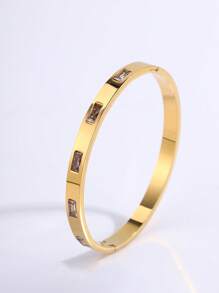 1pc Fashionable 18K Stainless Steel Single Row Cubic Zirconia Engraved Wide Cuff Bracelet, Suitable For Women As Daily & Festival Gift