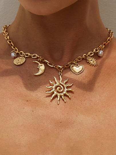 1pc Fashionable Retro Punk Sun, Heart, Moon Mixed Pendant Necklace With Faux Pearl, Suitable For Party, Daily Wear, Gatherings, Women's Gift
