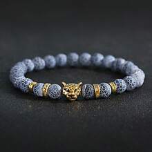 Gold Leopard Head Bracelet For Men Fashion Male Punk Blue Weathered Volcanic Lava Stone Bracelets Jewelry - Multicolor - View 3