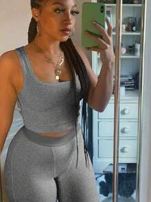 Casual Workout Sets Two Piece Outfits For Women Ribbed Crop Tank Top High Waist Yoga Leggings Active Wear - Heather Grey - View 3