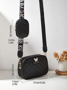 1 件女士单肩包/斜挎包，压花印花迷你方形钱包，带吊饰 - 黑色 - 查看 4