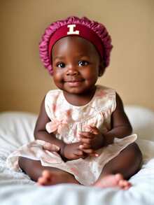 1顶幼儿/儿童26字母光滑缎面睡帽，时尚舒适，透气防滑，日常护发帽 - 酒紅色 - 查看 2