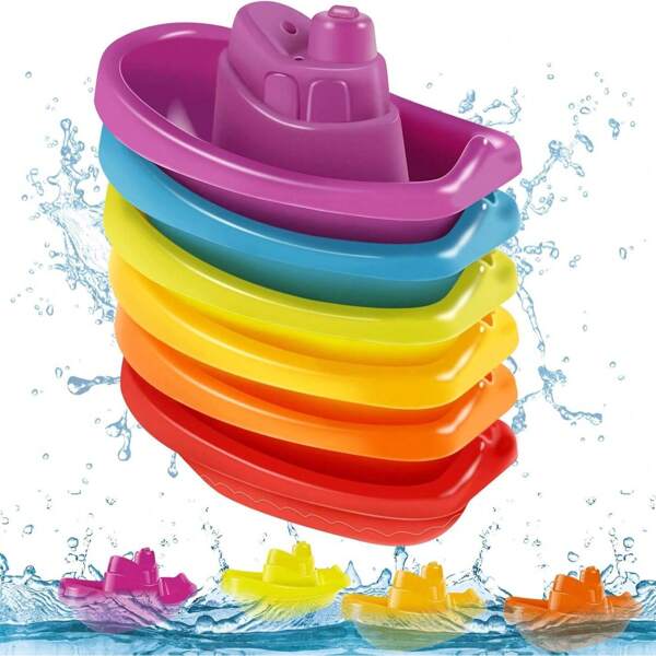 6 Pieces Stacking Boat Toy Set For Toddler 6 Months+, Water Bath Bathtub Toy For Shower Fun Time
