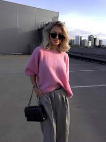 FOR BEAUTY Spring And Autumn Round Neck Half Sleeve Pink Knitted Shirt For Women's Winter New Style Loose Soft Soft Sticky Casual Lazy Style Warm Hoodie For Daily Commuting Versatile Fashion Simple Sweater Top New Year
