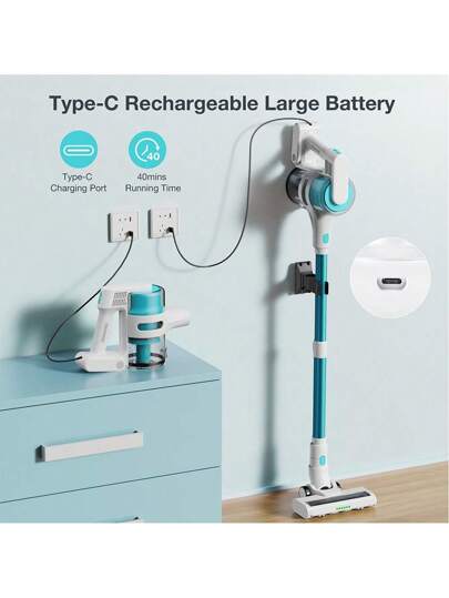 MOOSOO S6 Cordless Stick Stofzuiger Cleaner, 18kPa Powerful Suction, 40min Runtime, 1L Dust Bin, Type Charging, Stage HEPA Filtration