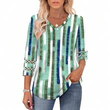 XIEERDUO 3/4 Length Sleeve Womens Tops Dressy Casual Blouses For Women 2025  V Neck T Shirts Summer Clothes - Z 綠色格子 - 查看 2
