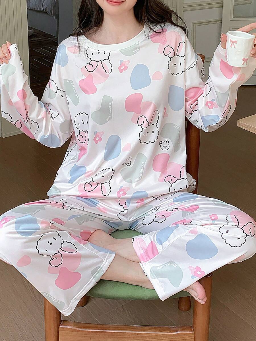 AICJ 2pcs/Set Women Cartoon Bear Print Casual Pajama Set, Long Sleeve Round Neck Top And Long Pants, Comfortable Loose Fit, Suitable For Spring,Autumn,Winter Home Wear, Fall Clothes