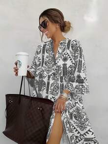 1 chiếc váy dài cài nút bằng vải dệt Bohemian họa tiết Paisley, phù hợp cho mọi mùa - màu đen - Xem 4