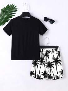 Conjunto de 2 peças de camisa e shorts de malha com estampa de coqueiro havaiano e letras para meninos, verão