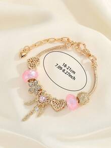 1件简约时尚水钻镂空心形四叶草粉色花朵蜜蜂吊坠手链，时尚日常佩戴女士手链 - 金黃色 - 查看 9